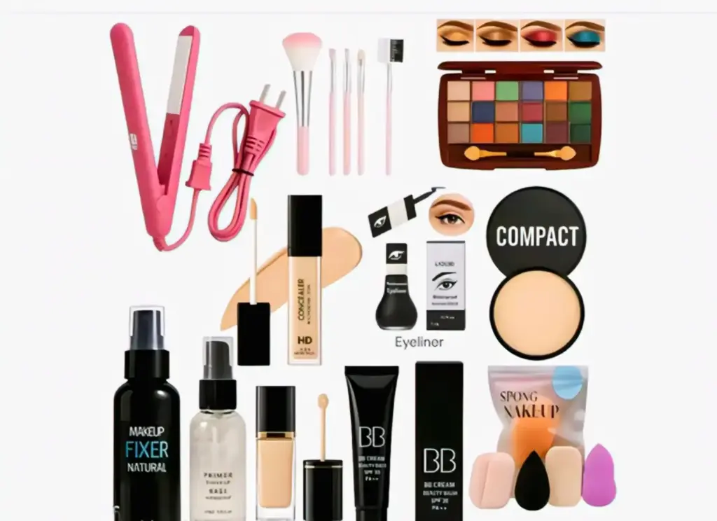 Make-up kit Hair Straightner,5Pcs Makeup Brush, Eyeshadow 18 Pallate, Concealer, Eyeliner, Compact, Fixer, Primer, Foundation, BB Cream & CC Cream, Makeup Family Puff (Pack of 11Pcs)