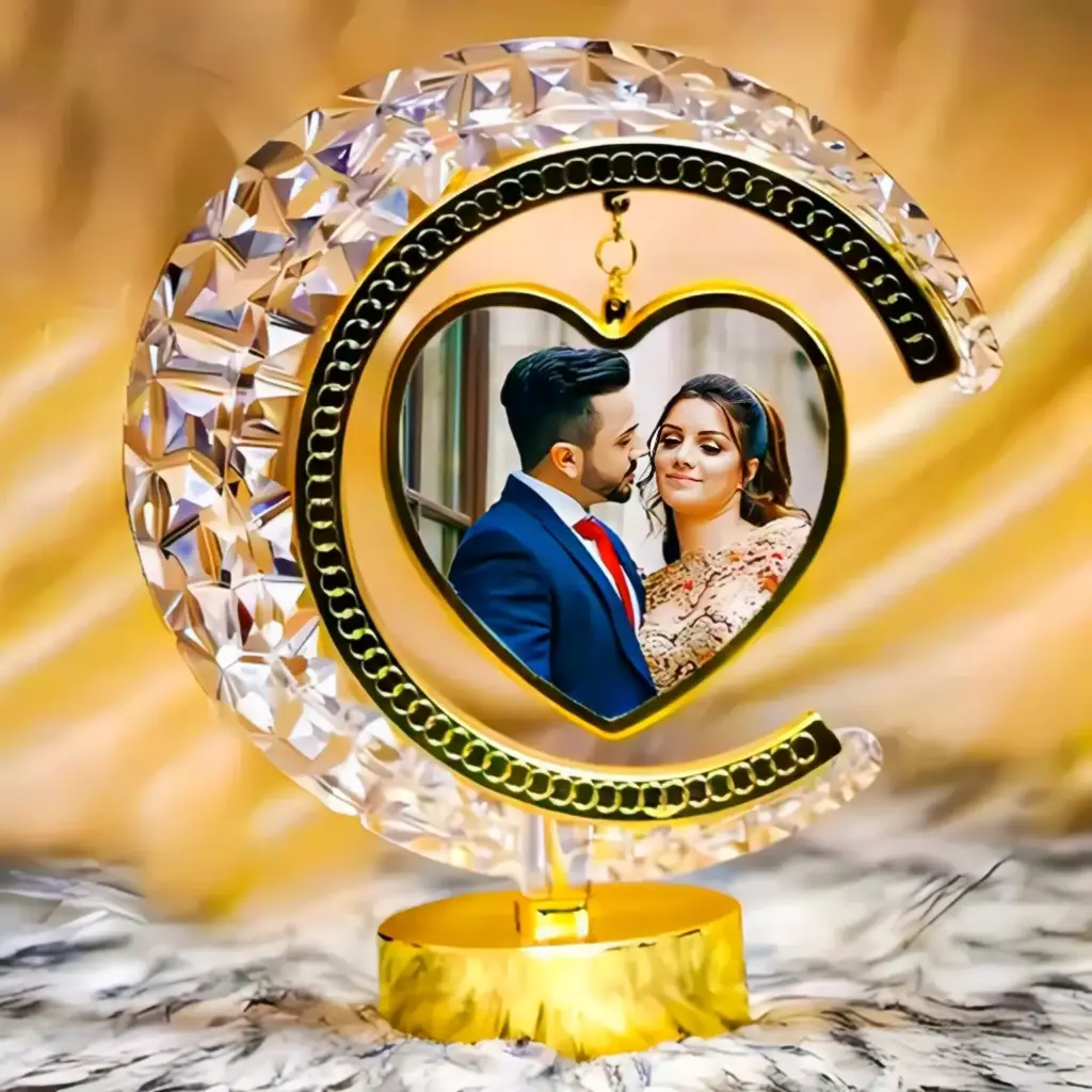 Personalized LED Heart-Shaped Crystal Moon Lamp Photo Frame with Touch Panel