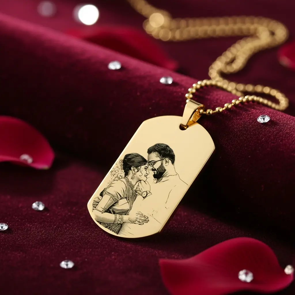 Personalized Gold-Plated Photo Engraved Pendant with Chain – Couple Design