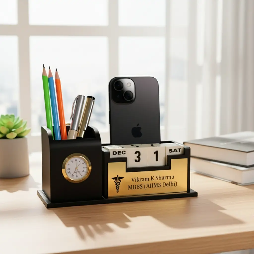 personalized PurplePoint Engineered Wood Pen Stand for Doctors